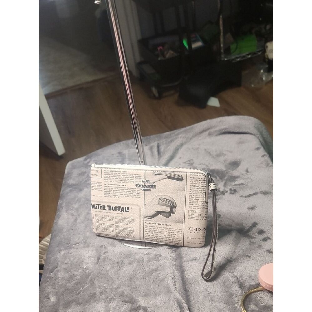 Coach Beige Newspaper Print Zip Wristlet